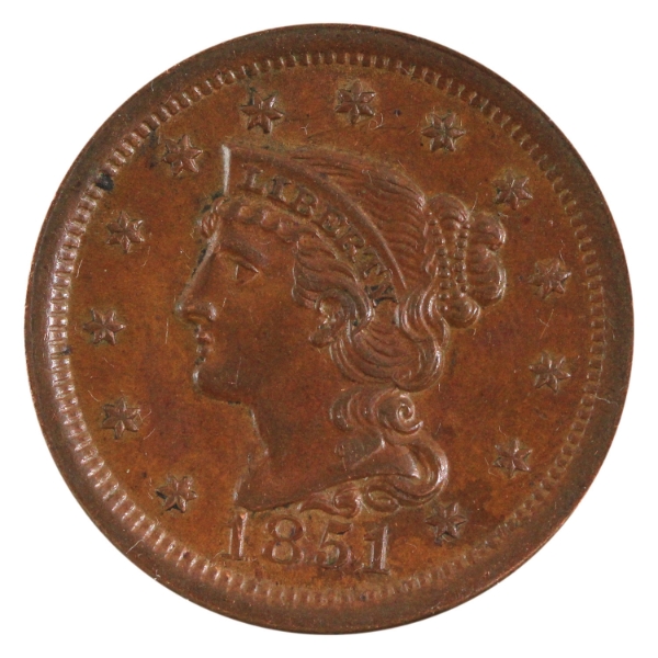 USA 1851 Braided Hair Cent AU-UNC 