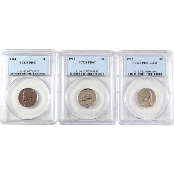 USA Jefferson Nickels 1961, 1962, & 1963 Cameo PCGS PR67. 3pcs.