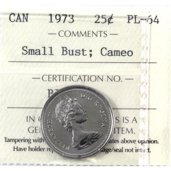 25-cent 1973 Small Bust ICCS PL64 Cameo