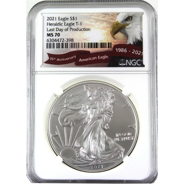 USA Silver 2021 $1 Silver Eagle Heraldic Eagle T-1 .999 Fine Silver Coin NGC MS70 (Tax Exempt)