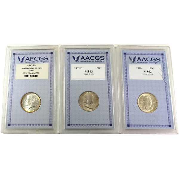 Group Lot of 1946-1964 Half Dollars AACGS/AFCGS MS62 to MS64. 3pcs.