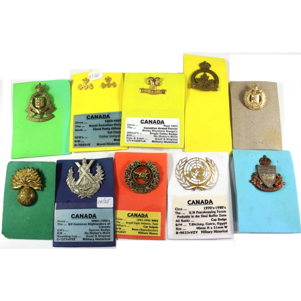 10x Group Lot of Canada c. WWI-1980s Cap & Collar Insignias & Badges. 10pcs.