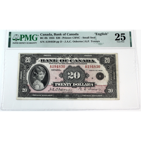 BC-9b 1935 $20 English PMG VF25 Osborne-Towers Small Seal SN: A194830 ppD