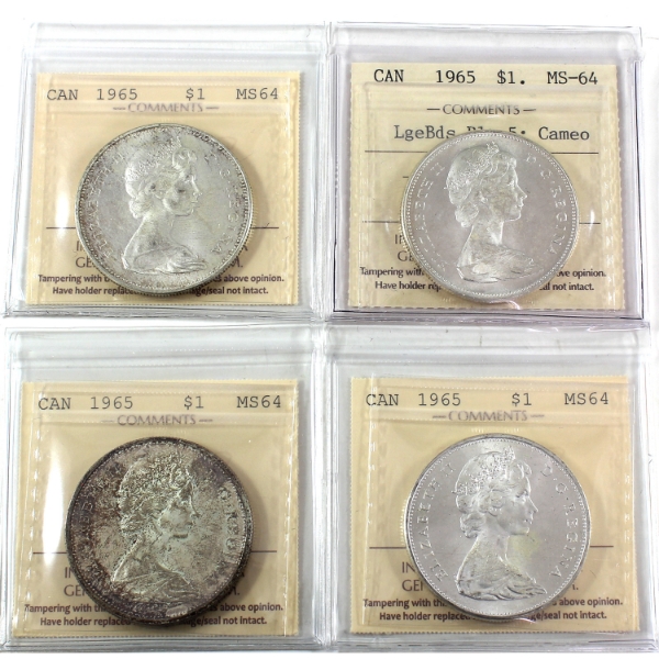 Silver $1 1965; SB P5 (T1), SB B5 (T2), LB B5 (T3) Cameo, & MB P5 (T5); ICCS MS64. 4pcs.