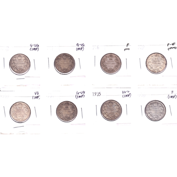 25-cent 1902-1936 Bulk Collection in 8-Pocket Sheet G-VG to F-VF. 8pcs