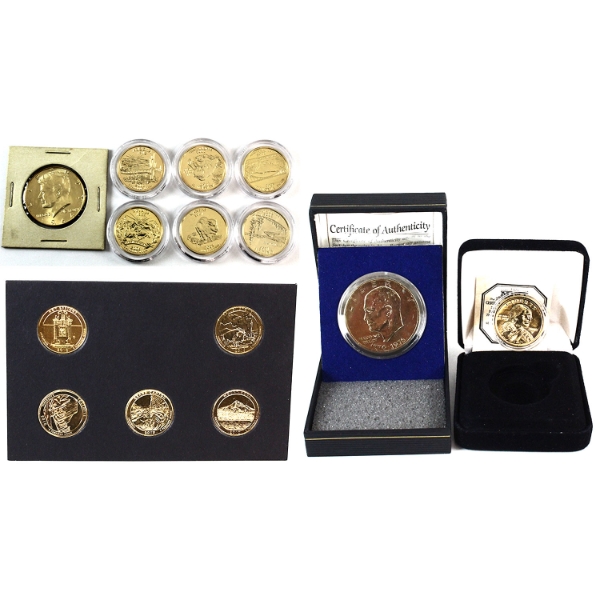USA Collection of 24K Gold Plated 12x 2005-2010 Quarter Dollars, 1964 Half Dollar & 1976 Dollar