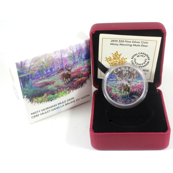 2015 $20 Misty Morning Mule Deer 1oz .9999 Fine Silver (Tax Exempt)