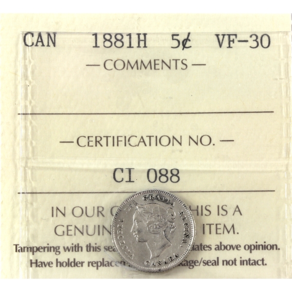 5-cent 1881H ICCS VF30