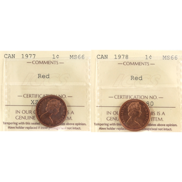 1-cent 1977 & 1978 ICCS MS66 Red. 2pcs.