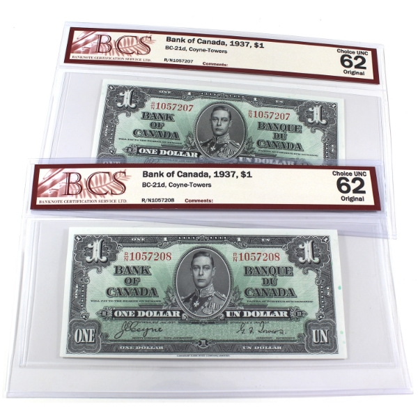 BC-21d 1937 $1 Consecutive Pair BCS CUNC62 Original Coyne-Towers SN:R/N1057207-08. 2pcs.