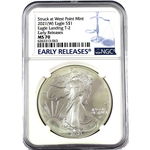 1oz USA 2021W $1 Silver Eagle, Eagle Landing T-2 .999 Fine Silver Coin NGC MS70 (Tax Exempt)