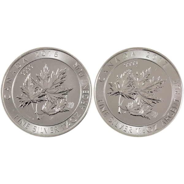 2x 1.5oz 2016 & 2017 $8 Superleaf .9999 Fine Silver Coins. 2pcs (Tax Exempt)