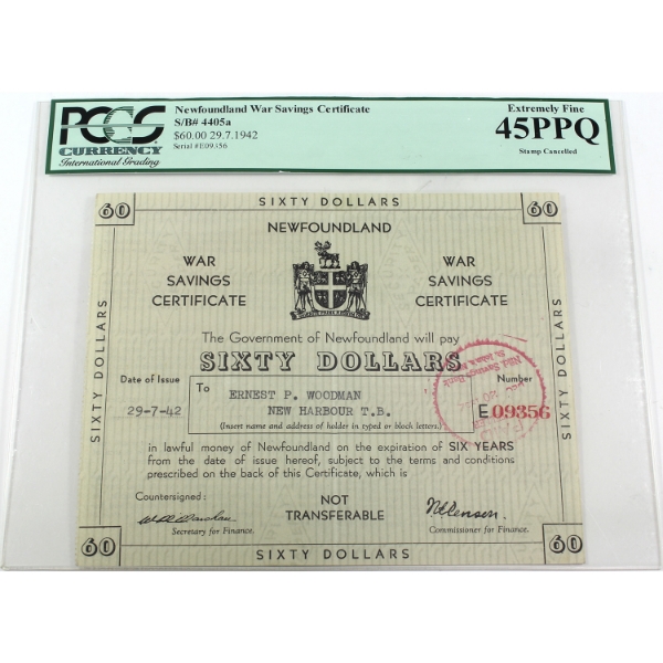 Newfoundland 1942 $60 War Savings Certificate PCGS EF45 PPQ SN: E09356