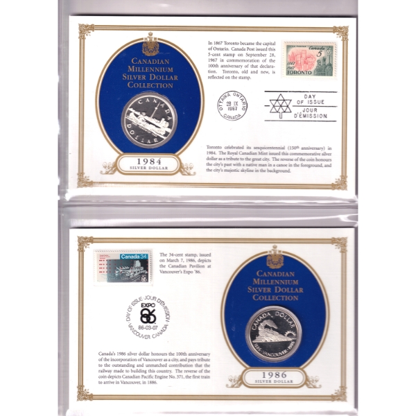 Silver $1 1984 & 1986 Canadian Millennium Silver Dollar Collection w/ Commemorative Stamps