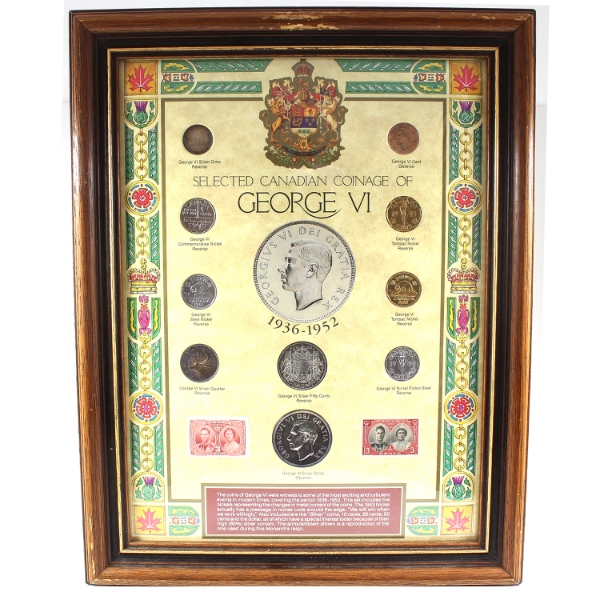 Selected Canadian Coinage of George VI 10-Coin Set w/ 2 Stamps in Wooden Frame
