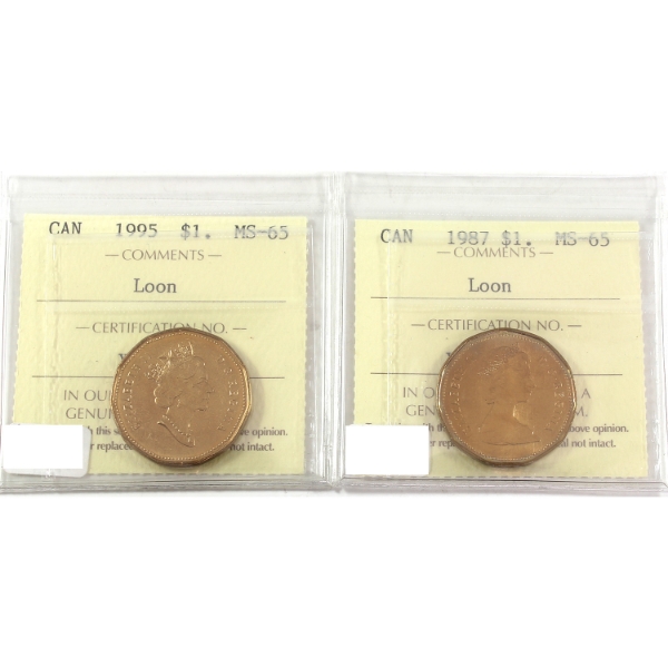 Loon $1 1987 & 1995 ICCS MS65. 2pcs