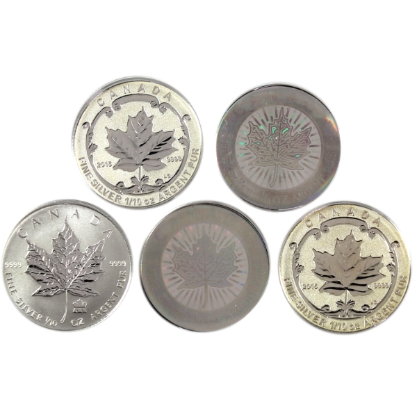 Group Lot of 2003-2015 $2 1/10oz Maple Leaf .9999 Fine Silver Coins. 5pcs. (Tax Exempt)