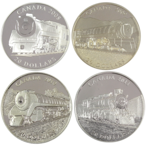 Group Lot of 4x 2008-2011 Great Canadian Locomotives 1oz .9999 Fine Silver Coins. 4pcs. (Tax Exempt)