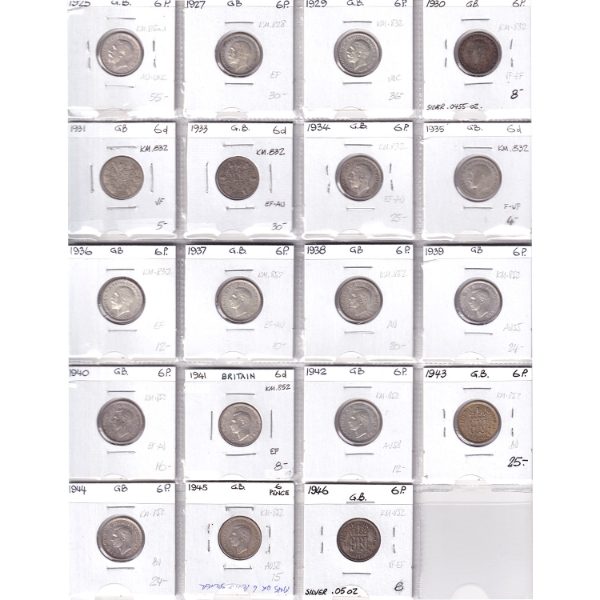 Bulk Collection Great Britain 1925-1946 Six Pence in 20-Pocket Sheet. 19pcs