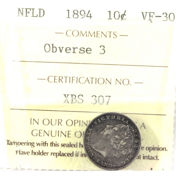 Newfoundland 10-cent 1894 Obverse 3 ICCS VF30