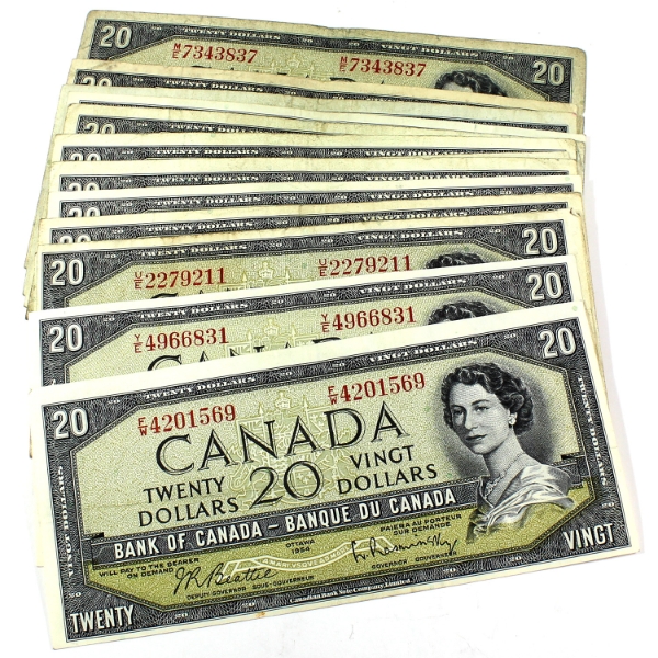 14x 1954 $20 Banknotes in Average Condition, Some Duplicate Prefixes. 14pcs.