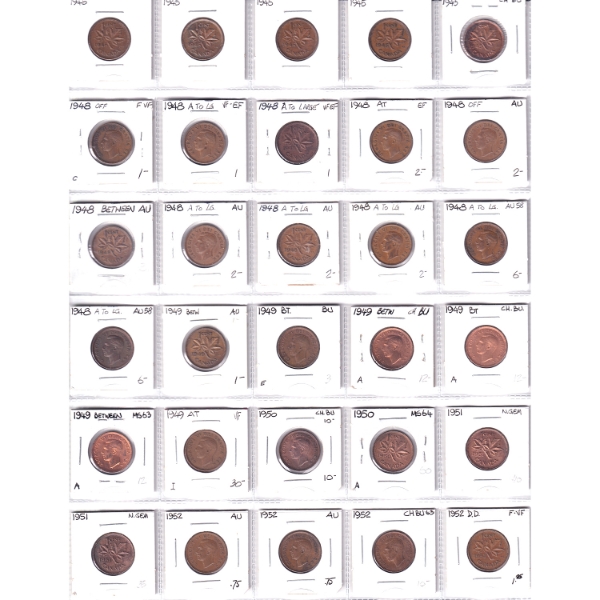 Bulk Lot of 1-cent 1945-2012 F-VF to GEM BU in 30-Pocket Sheets. 176pcs.