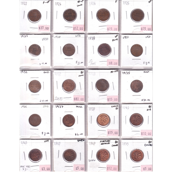 1-cent 1922-1955 VG-F to Choice BU. 20pcs