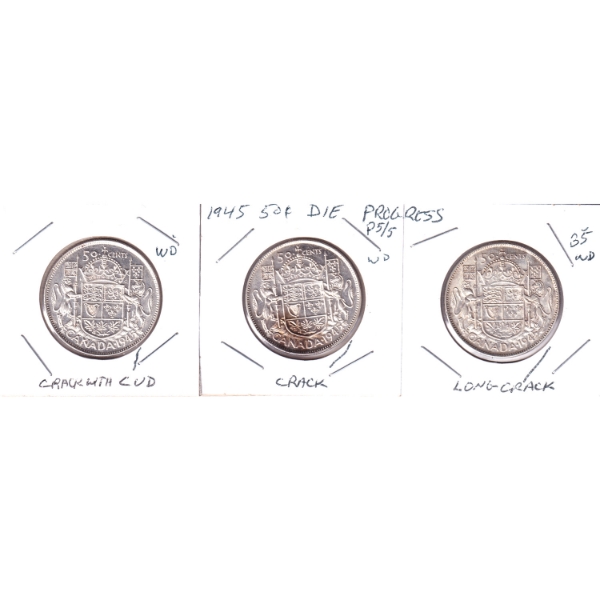 ERRORS 50-cent 1945 with Various Cracks. 3pcs