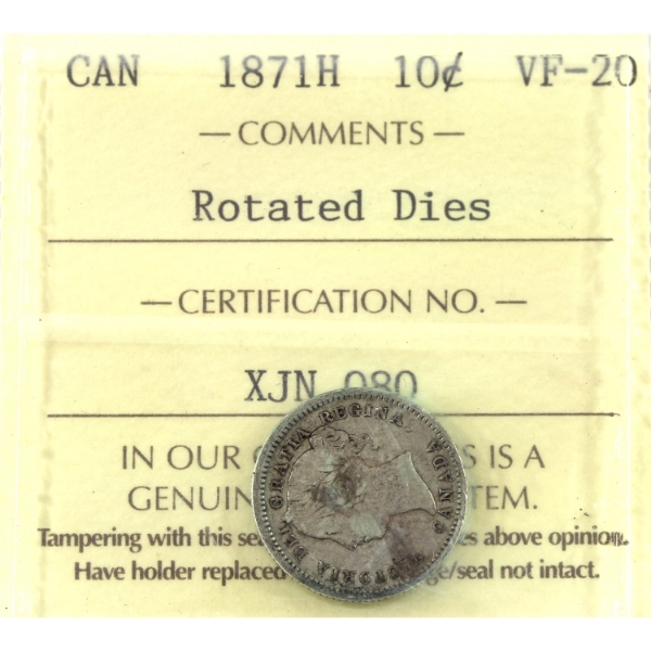 10-cent 1871H Rotated Dies ICCS VF20