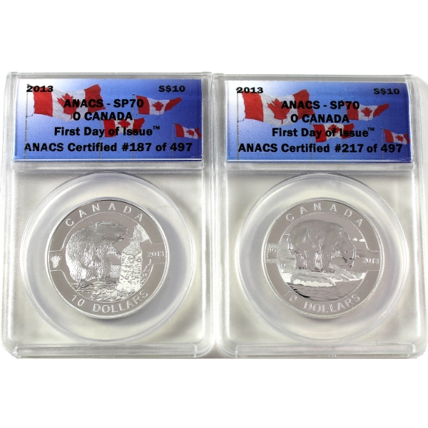 2x 2013 $10 O Canada- Polar Bear & Beaver ANACS Certified SP70 First Day of Issue. 2pcs (Tax Exempt)