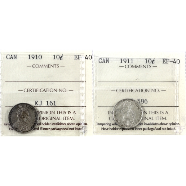 10-cent 1910 & 1911 ICCS EF40. 2pcs.
