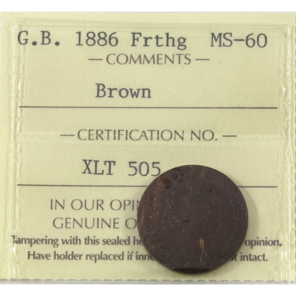 Great Britain 1886 Farthing ICCS MS60 Brown