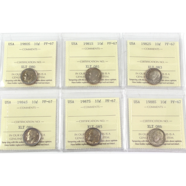 5x USA 1980S, 1981S, 1982S, 1984S, 1987S, & 1988S Roosevelt Dimes ICCS PF67. 5pcs.