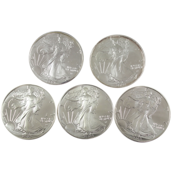 USA Silver 2021-2025 $1 Silver Eagle .999 Fine Silver Coins. 5pcs. (Tax Exempt)