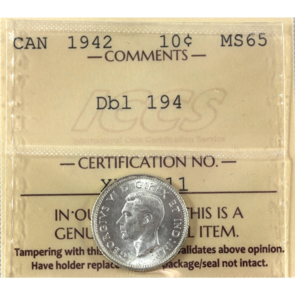 10-cent 1942 Dbl 194 ICCS MS65