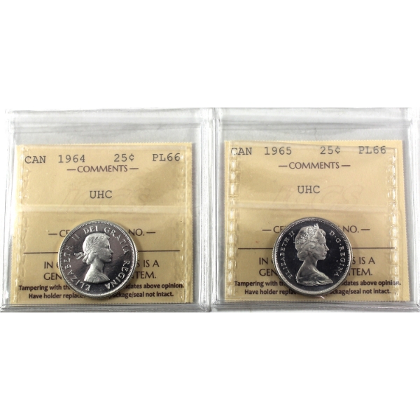 25-cent 1964 & 1965 ICCS PL66 Ultra Heavy Cameo. 2pcs.