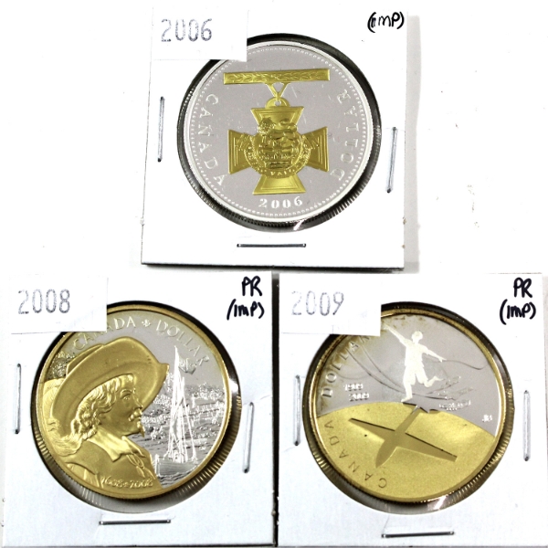 2006-2009 Gold Plated Silver Dollars. 3pcs.