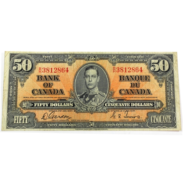 BC-26b 1937 $50 VF Gordon-Towers SN: B/H3812864