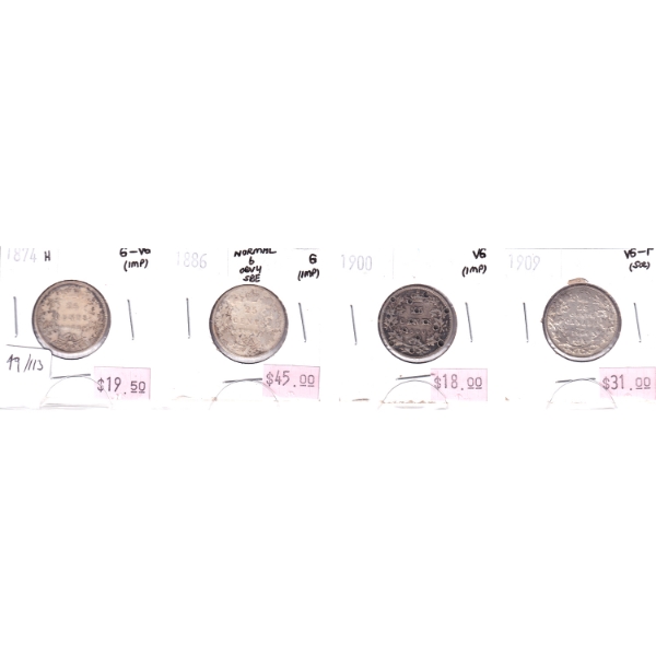 4x 25-cent 1874H G-VG, 1886 Normal 6 Obv 4 SBE Good, 1900 VG & 1909 VG-F. 4pcs