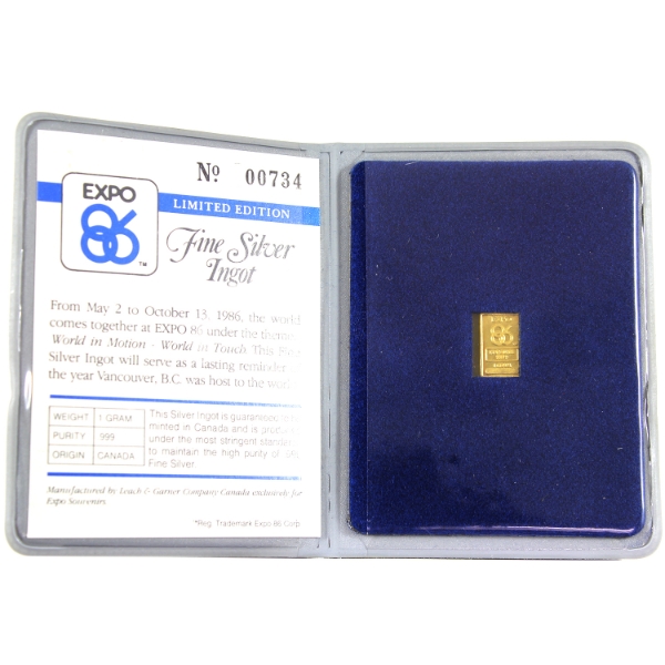 Expo 86 1986 Limited Edition Ingot 1g .999 Silver in Original Wallet Holder