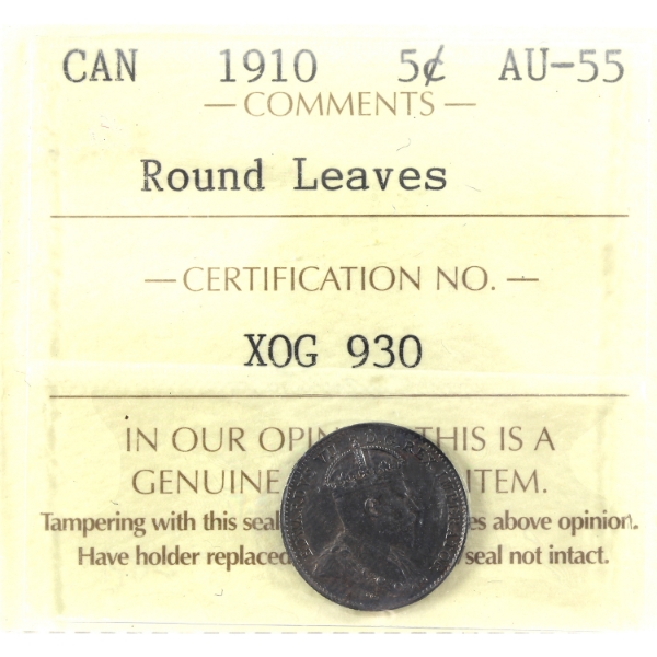 5-cent 1910 Round Leaves ICCS AU55