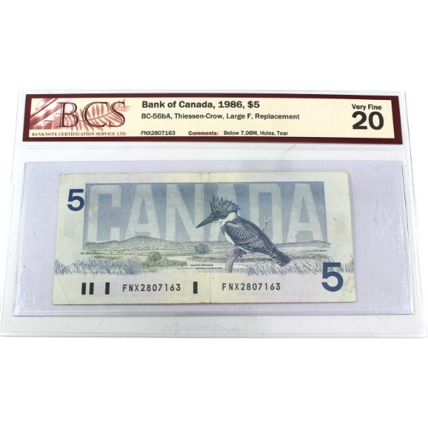 BC-56bA 1986 $5 BCS VF20 Thiessen-Crow Large F, Replacement SN: FNX2807163