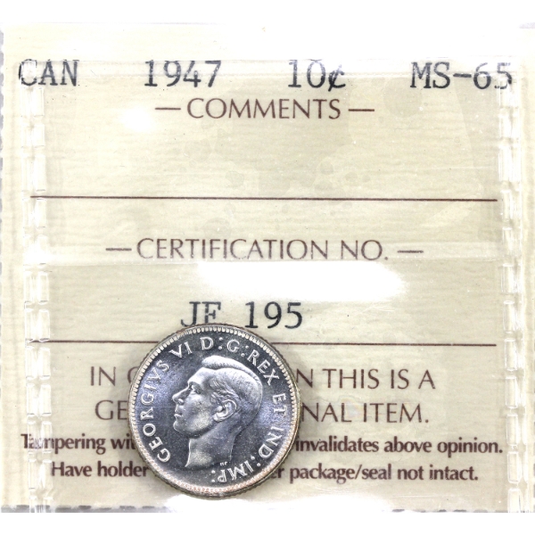 10-cent 1947 ICCS MS65. Soft Caramel Hues Surrounding Blast White Centre