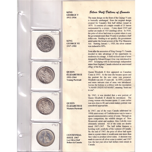 50-cent Silver 1947, 1963, 1966 & 1967 in 5 Pocket Sheet with Information of the Coin Over the Years