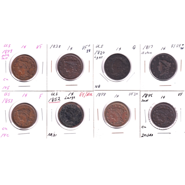 Bulk Lot of USA 1817-1853 Cents G to EF-AU. 8pcs.