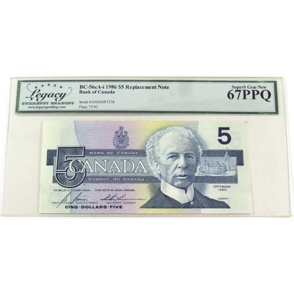 BC-56cA-i 1986 $5 ANX Replacement Legacy Superb GEM UNC67 PPQ Bonin-Thiessen SN: ANX0087278