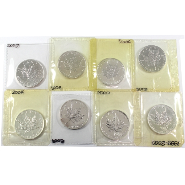 8x 1oz 1999-2009 $5 SML .9999 Fine Silver Coins. 8pcs. (Tax Exempt)