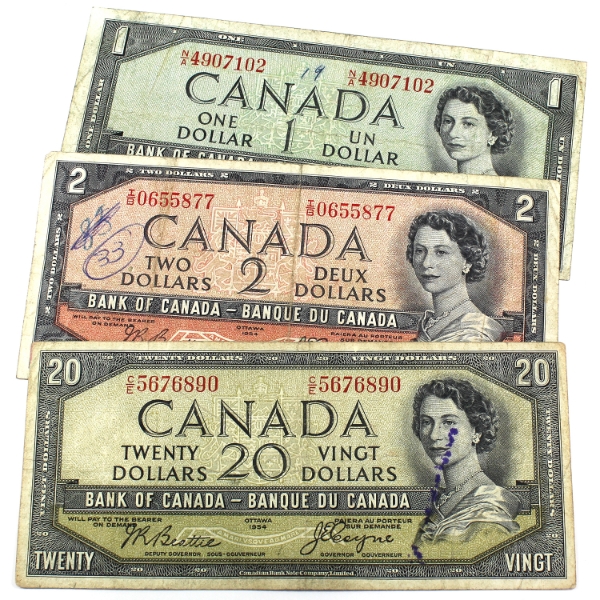 Group Lot of 1954 $1, $2, & $20 1954 Devil's Face Banknotes VG-F to F-VF Beattie-Coyne. 3pcs.