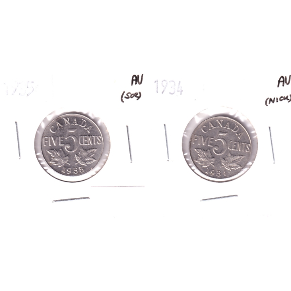 5-cent 1934 & 1935 AU (nick/scratched). 2pcs.