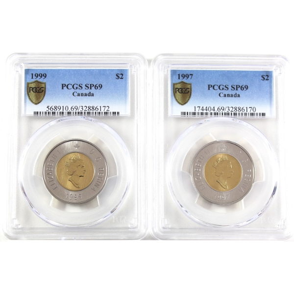 $2 1997 & 1999 PCGS SP69. 2pcs